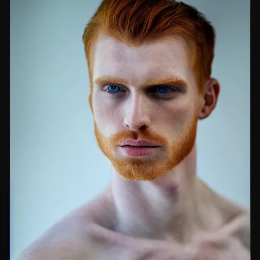 Prompt: color portrait of a very pale ginger male model by emmanuel lubezki