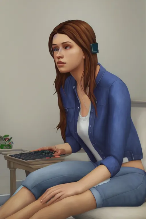 Image similar to lauren playing the sims 4, oil on canvas, intricate, portrait, 8 k highly professionally detailed, hdr, cgsociety