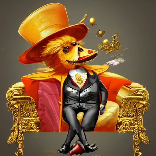 Prompt: athropomorphized rich pekin duck capitalist sitting on pile of gold, wearing tophat and frock coat, pince - nez glasses on orange bill, spats, casting spell, concept art, insanely detailed and intricate, hypermaximalist, elegant, ornate, hyper realistic, super detailed, art deco, cinematic, trending on artstation, magic the gathering artwork