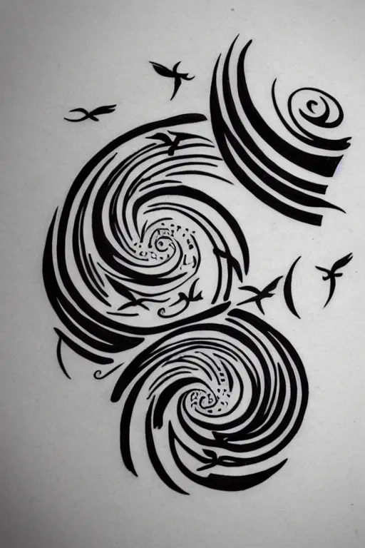 Image similar to a simple tattoo design of birds flying in a 8 spiral, black ink, logo