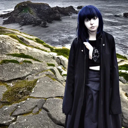 Image similar to 1 7 - year - old anime goth girl, black hair, long bob cut, long bangs, gothic coat, long bangs, standing on cliff along the irish coast, overcast gray skies, ultra - realistic, sharp details, cold lighting, blue and gray colors, intricate details, subsurface scattering, hd anime, 2 0 1 9 anime