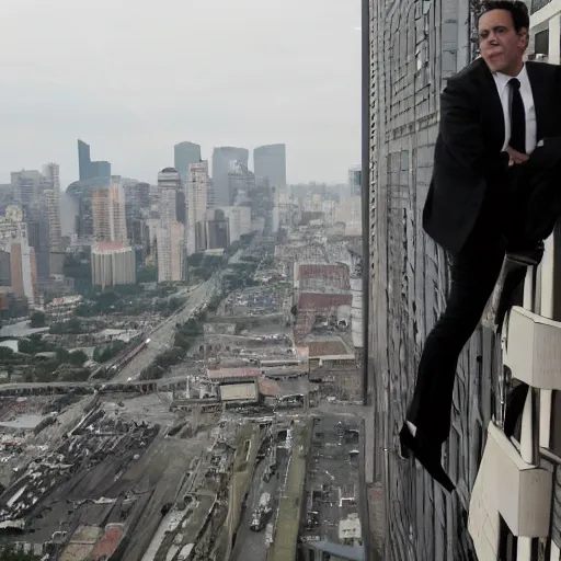 Image similar to Jon Favreau as clean-shaven Happy Hogan wearing a black suit and black necktie and black dress shoes is climbing up the side of a tall building in an urban city. The sky is filled with dark clouds and the mood is ominous.