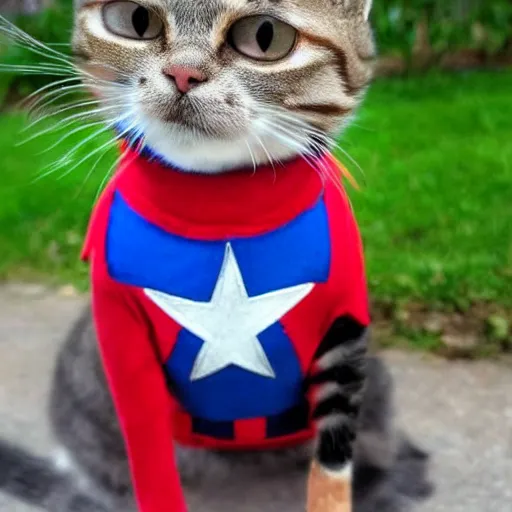 Prompt: a cat wearing captain america's outfit