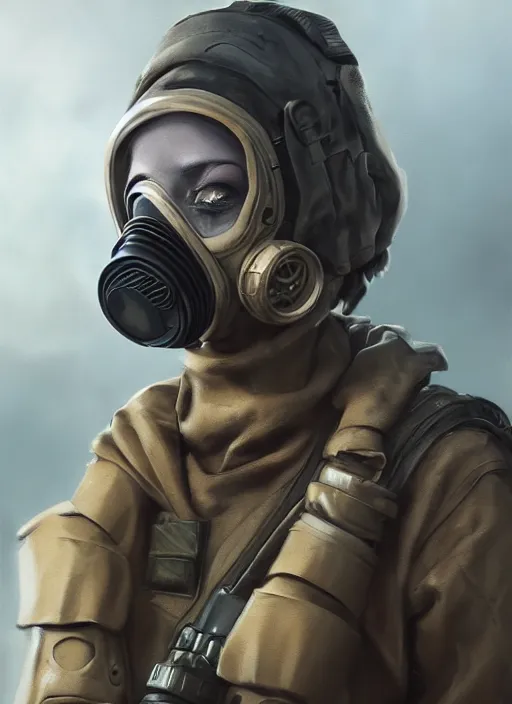 Prompt: A comic book style portrait painting of a female soldier wearing gasmask in a post apocalyptic setting, unreal 5, DAZ, hyperrealistic, octane render, RPG portrait, dynamic lighting