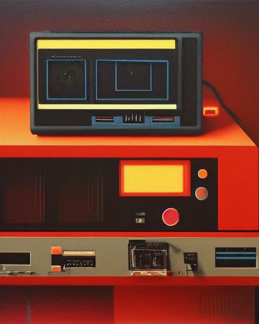 Prompt: a display of 8 0 s era technology, vintage shapes, retro technology, vintage color, 1 9 8 0 s tech, classic color scheme wayne barlow, oil on canvas, deep depth of field, masterpiece, cinematic composition, hyperdetailed