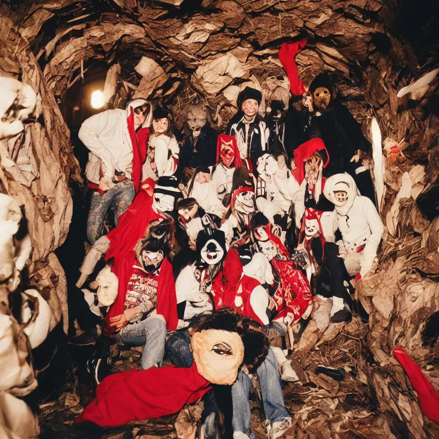 Image similar to cult members with taxidermic moth masks and red peak hood in a spiral tunnel, cinestill 8 0 0 t 3 5 mm, heavy grain, high quality, high detail