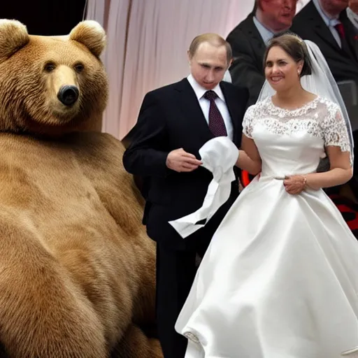 Prompt: Putin in a wedding dress marrying a bear, highly detailed