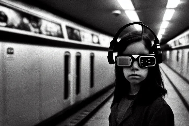 Image similar to girl in augmented reality headset in a subway, richard avedon, tri - x pan, ominous lighting