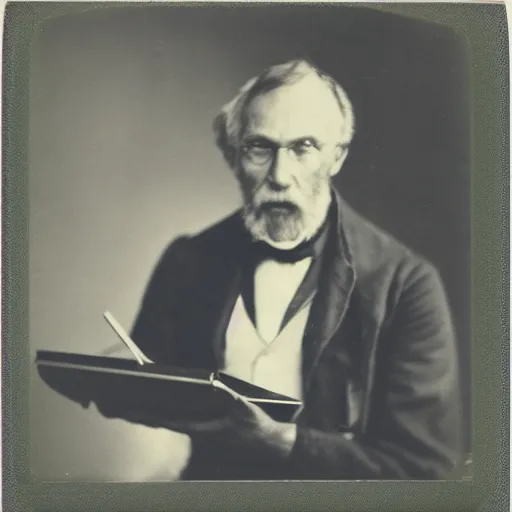 Prompt: old polaroid depicting a scientist from the 1 9 th century holding a modern day laptop