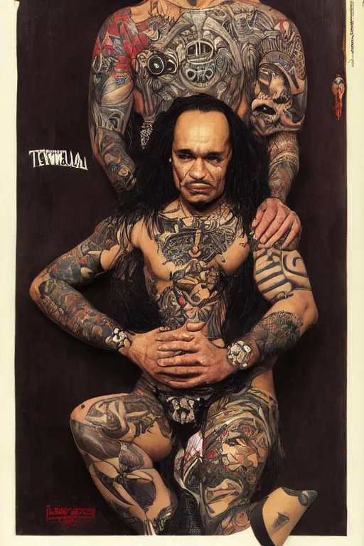 Image similar to full length portrait of temuera morrison as a tattooed gothic punk by lawrence alma tadema and zdzislaw beksinski and norman rockwell and jack kirby and tom lovell and greg staples