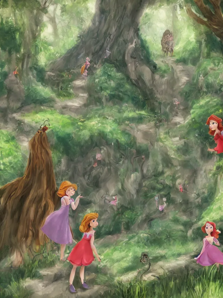 Image similar to girls in enchanted forest by disney concept artists, blunt borders, rule of thirds