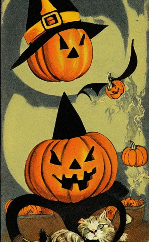 Prompt: vintage halloween art of a cat wearing a witch hat, cooking in a cauldron