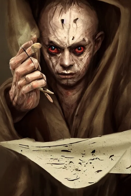 Prompt: A deranged tiny filthy man wearing long dark damaged ripped robes showing a magic paper scroll, camera looking down upon, long fingernails, unclipped fingernails, sharp fingernails, focus on face, sharp focus, digital painting, trending on artstation, concept art, fantasy, medieval