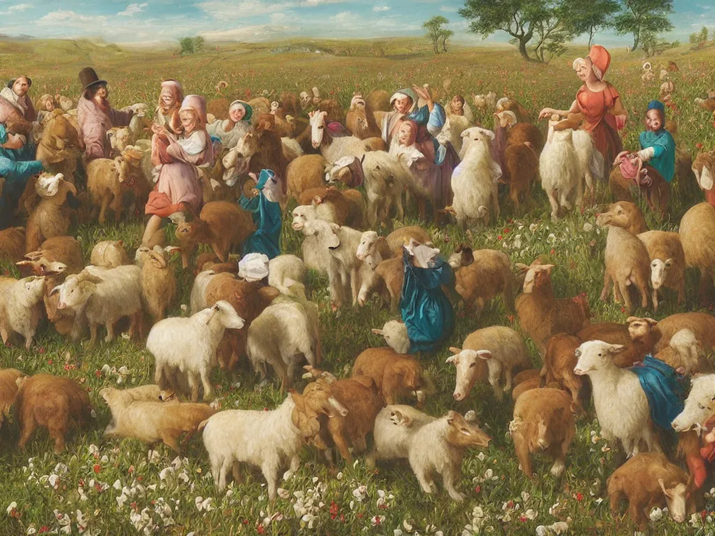 Prompt: group of social media celebrities being herd in a popcorn and candy field by a shepherd