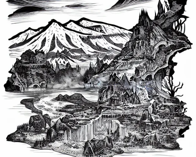 Image similar to impressive fantasy landscape, beautiful line art, ink illustration, pure b&w, engraving illustration, sticker art