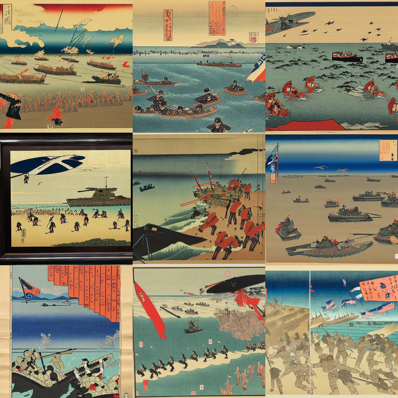 Prompt: d - day omaha beach invasion, ukiyo - e painting