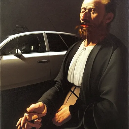 Prompt: a man in his car queuing in traffic, painted by caravaggio