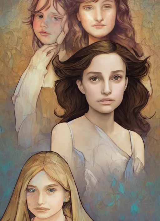 Image similar to well - lit art nouveau face portrait of a 1 3 - year old girl wih resembles natalie portman and emily browning acting shy on a bridge, natural lighting, path traced, highly detailed, high quality, cartoon, digital painting, by don bluth and ross tran and studio ghibli