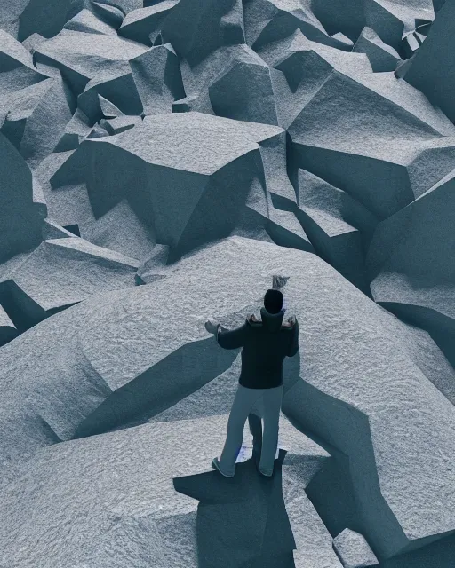 Image similar to a man standing in the middle of a mountain, a low poly render by filip hodas, behance contest winner, environmental art, rendered in cinema 4 d, volumetric lighting, low poly