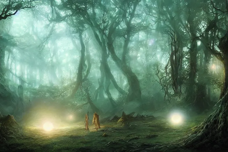 Image similar to an old elven wood, a view to an eerie fantasy world, glowing orbs, ethereal back light, mist, coherent composition, detailed fantasy painting by artgerm, noriyoshi ohrai, yuumei