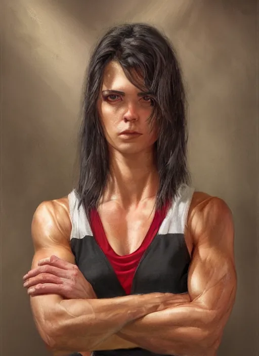 Prompt: a portrait a woman in her twenties, muscular, wearing red tanktop vest with gold lining, smirking, white bandages on fists, black hair, shoulder length hair, worried, style by donato giancola, wayne reynolds, jeff easley dramatic light, high detail, cinematic lighting, artstation, dungeons and dragons