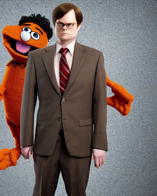 Prompt: dwight schrute with brown suit as a muppet. highly detailed felt. hyper real photo. 4 k.