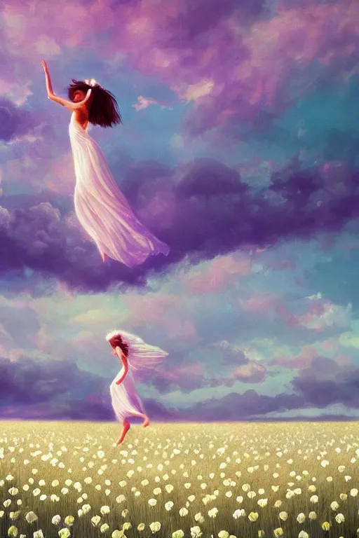 Image similar to veil made of giant white daisy flower, girl dancing in a flower field, surreal photography, sunrise, dramatic light, impressionist painting, colorful clouds, digital painting, artstation, simon stalenhag