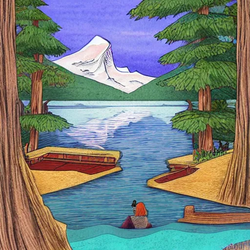 Image similar to A lake between mountains, cartoon, 2D