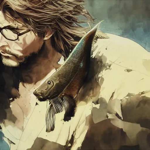 Prompt: a german guy with very long brownish! hair, with glasses and very - short beard holding a flounder fish! painting by yoji shinkawa, alphonse murac, craig mullins, sui ishida, yoshikata amano, collaborative painting, very detailed and high quality, 4 k, 8 k, artstation