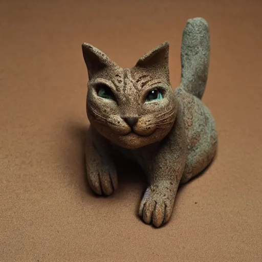 Prompt: medium - shot realistic clay cat, full body, walking, rough, handmade, fingerprints on clay, masterpiece, artistic, museum, highly detailed, hq, by adam beane