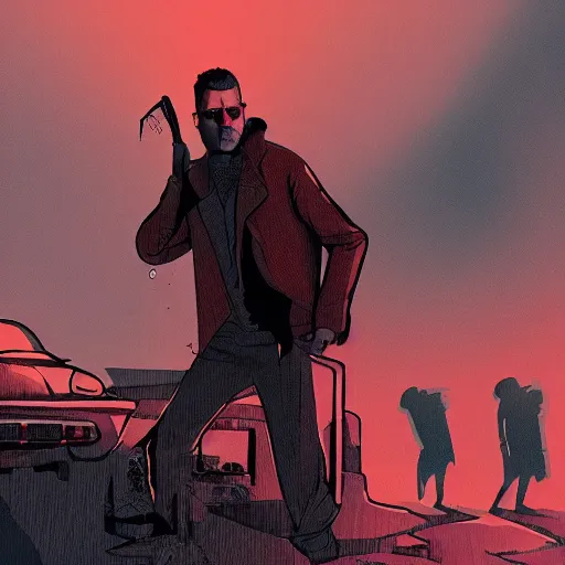 Prompt: a colorful comic noir illustration of billy zane in a post - apocalyptic city decaying in the desert by queens of the stone age, dark vibes, pastel lighting, cinematic, depth of field, 8 k, high contrast