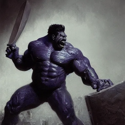 Image similar to artstation concept a midnight blue hulk jolding a meat cleaver, dusty, hyperdetailed, artstation trending, world renowned artists, worth 1 0 0 0. com, historic artworks society, antique renewel, cgsociety, by greg rutkowski, by gustave dore, deviantart