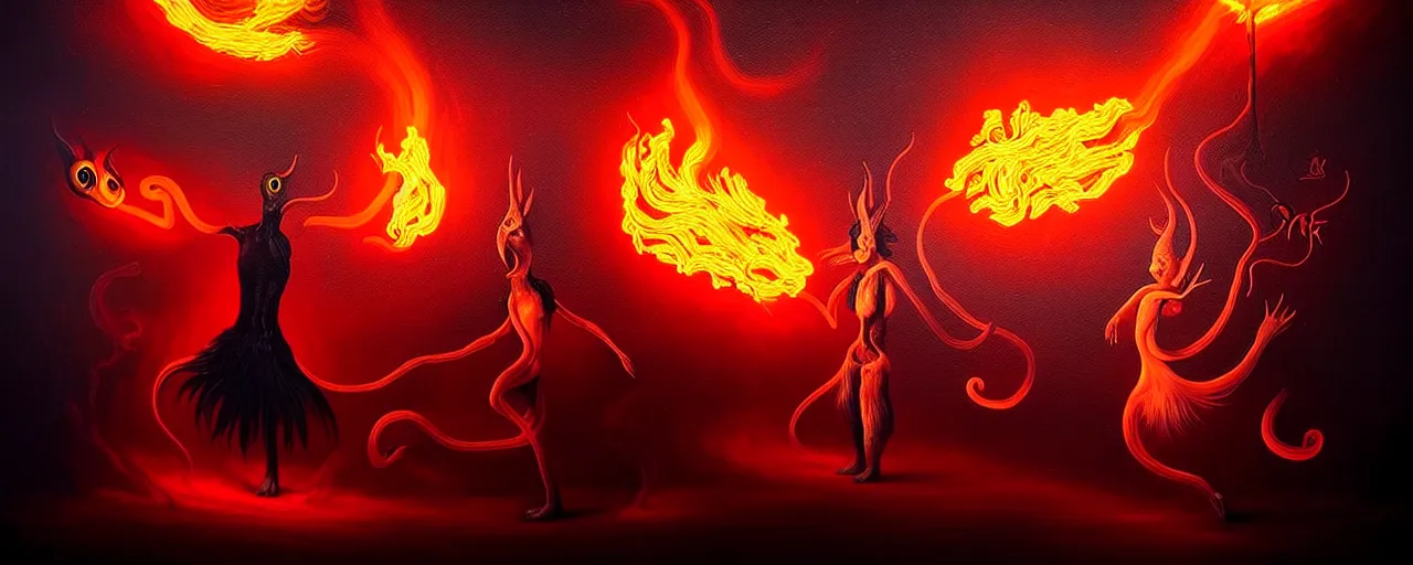 Image similar to whimsical fiery alchemical creatures, surreal dark uncanny painting by ronny khalil