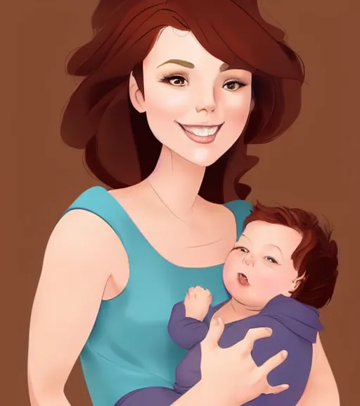 Image similar to a mother with short shoulder length dark auburn hair, short and curvy and a slightly chubby face holding her infant son with short brown hair full color digital illustration in the style of don bluth, artgerm, artstation trending, 4 k