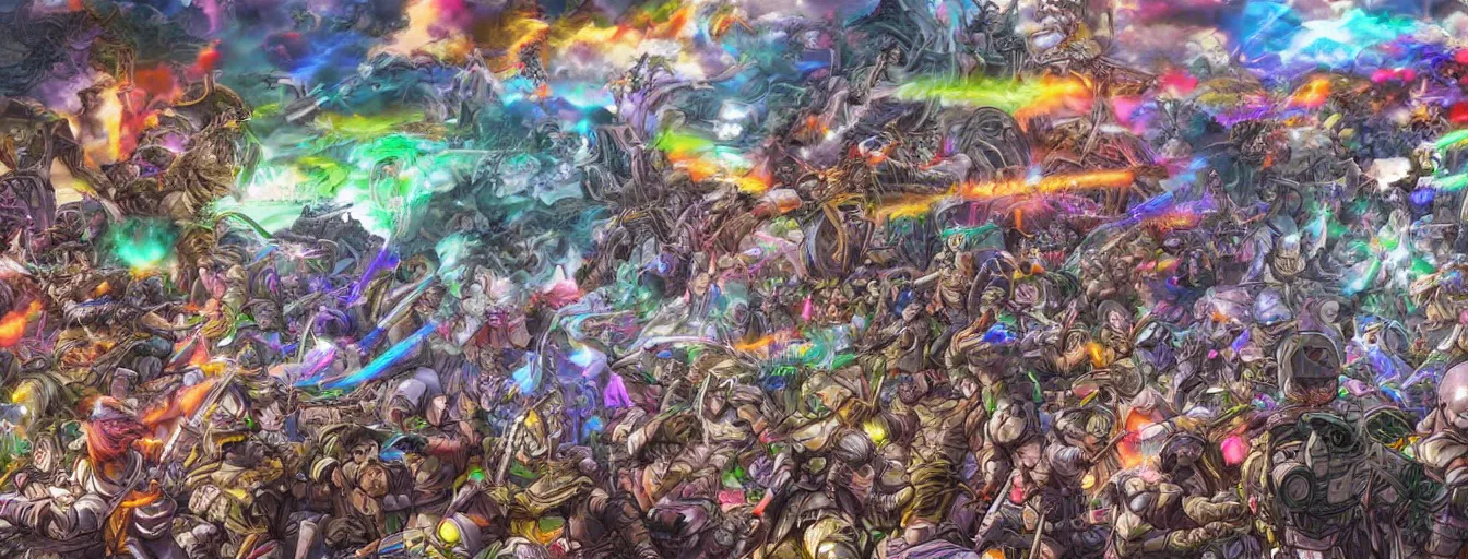 Prompt: a zoomed out panoramic view an army of rainbow soul army calvary screaming into the battlefield. hyperrealistic anime background illustration by kim jung gi, colorful, extremely detailed intricate linework, smooth, super sharp focus, bright colors, high contrast, matte, octopath traveler, unreal engine 5 highly rendered, global illumination, radiant light