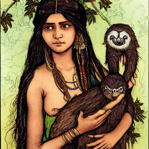 Image similar to a cottagecore beautiful young indian witch holding a cute sloth, highly detailed, masterpiece, illustrated, art by rebecca guay
