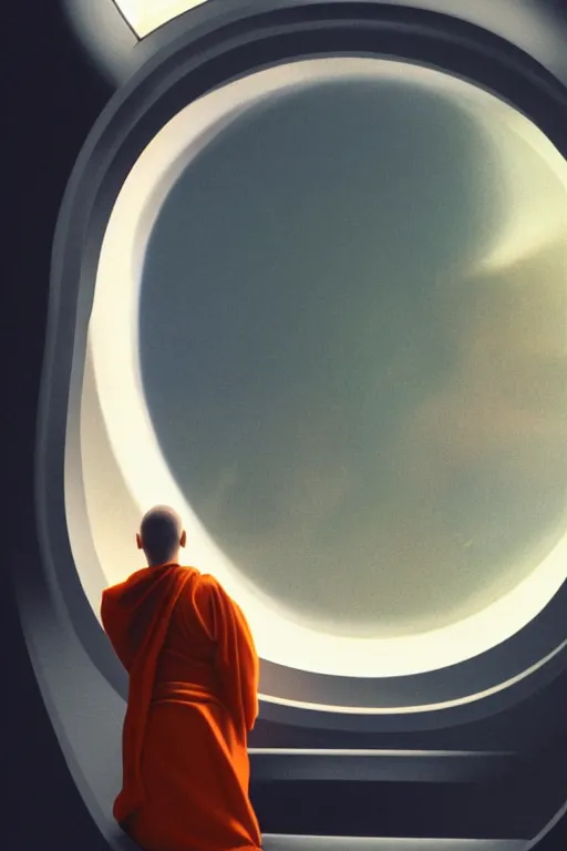 Prompt: portrait of a monk in a spaceship, looking out of a round window, orange robe, dramatic lighting, artstation, matte painting, ralph mcquarrie