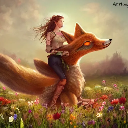 Image similar to girl riding a giant fox in a field of flowers, trending on artstation