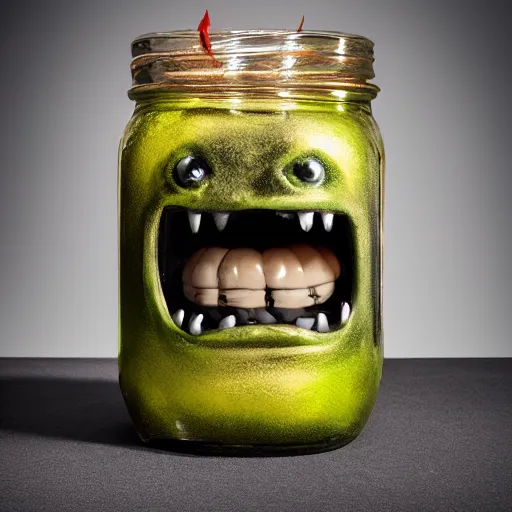 Image similar to Evil monster in a jar, product photography, studio lightning