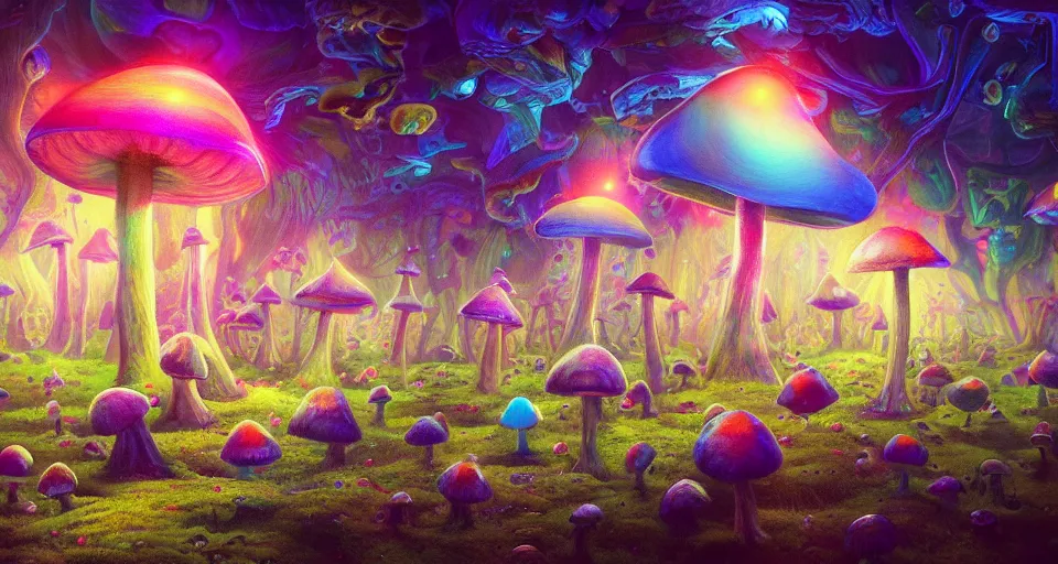 Image similar to a beautiful painting of trippy mushrooms by Tokio Aoyama, Mario Martinez, David Normal. photorealistic, trending on artstation, dramatic lighting, 8K, fantasy beautiful, surreal, cinematic.