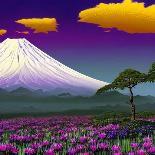 Image similar to a beautiful and detailed picture of mount fuji surrounded by a field of black lotus flowers with petals in a fibonacci sequence, in the style of magic the gathering, highly detailed, digital painting, god rays, volumetric lighting, octane render, 4 k resolution, art by adam paquette and johann bodin and jason rainville