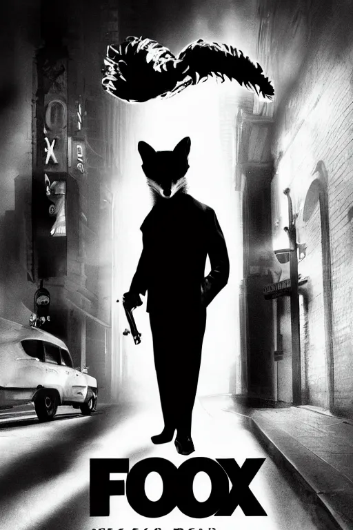 Image similar to fox as a detective, film noir style, cinematic, black and white