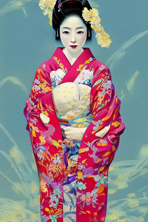 Image similar to a professional painting of a beautiful Japanese Geisha girl, in brightly colored kimono, long dark hair, beautiful bone structure, symmetrical facial features, intricate, elegant, digital painting, concept art, smooth, sharp focus, illustration, from StarCraft by Ruan Jia and Mandy Jurgens and Artgerm and William-Adolphe Bouguerea