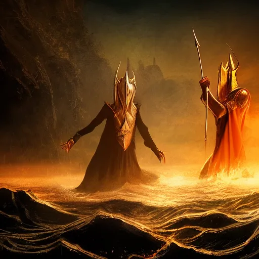 Image similar to lord sauron drowning while frodo is laughing, digital art, trending on art station, high quality, uhd 8 k, beautiful, golden hour, intricate detail, high gradient, raytracing