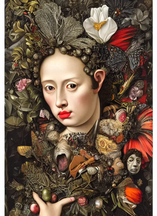 Prompt: detailed maximalist profile portrait a with large lips and eyes, exasperated expression, botanical hd mixed media, 3 d collage, highly detailed and intricate, surreal illustration in the style of caravaggio, and todd schorr, dark art, baroque