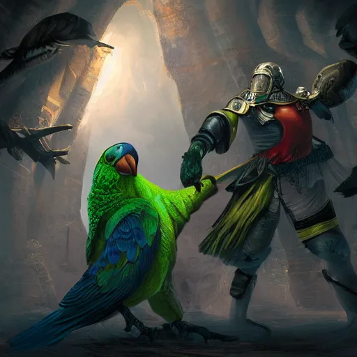Prompt: Giant green Quaker parrot fights with medieval knight. Enchained, restrained. Bloom, volumetric lighting. Fantasy, digital painting, HD, 4k, detailed.