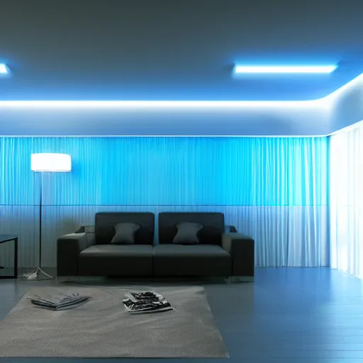 Image similar to futuristic looking living room, dark with blue neon lights, contrasted, dark floor, octane render