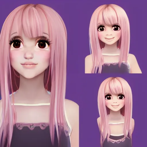 Image similar to Render of Nikki from Shining Nikki Dress-Up Game, a cute 3D young woman, long light pink hair, full bangs, full round face, hazel amber eyes, pale skin, cute freckles, light blush, Chinese heritage, smiling softly, wearing casual clothing, interior lighting, cozy living room background, medium shot, mid-shot, hyperdetailed, trending on Artstation, Unreal Engine 4k