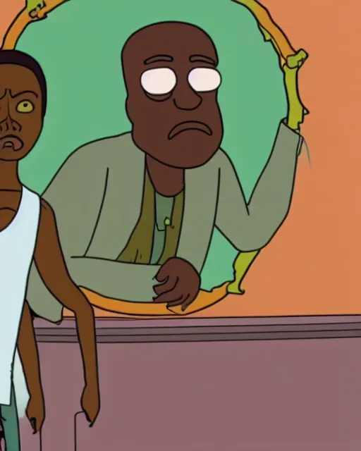 Prompt: a still of kanye west in rick and morty