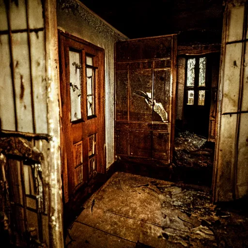 Image similar to interior of a haunted house, late at night, spooky, eerie, dark, foreboding